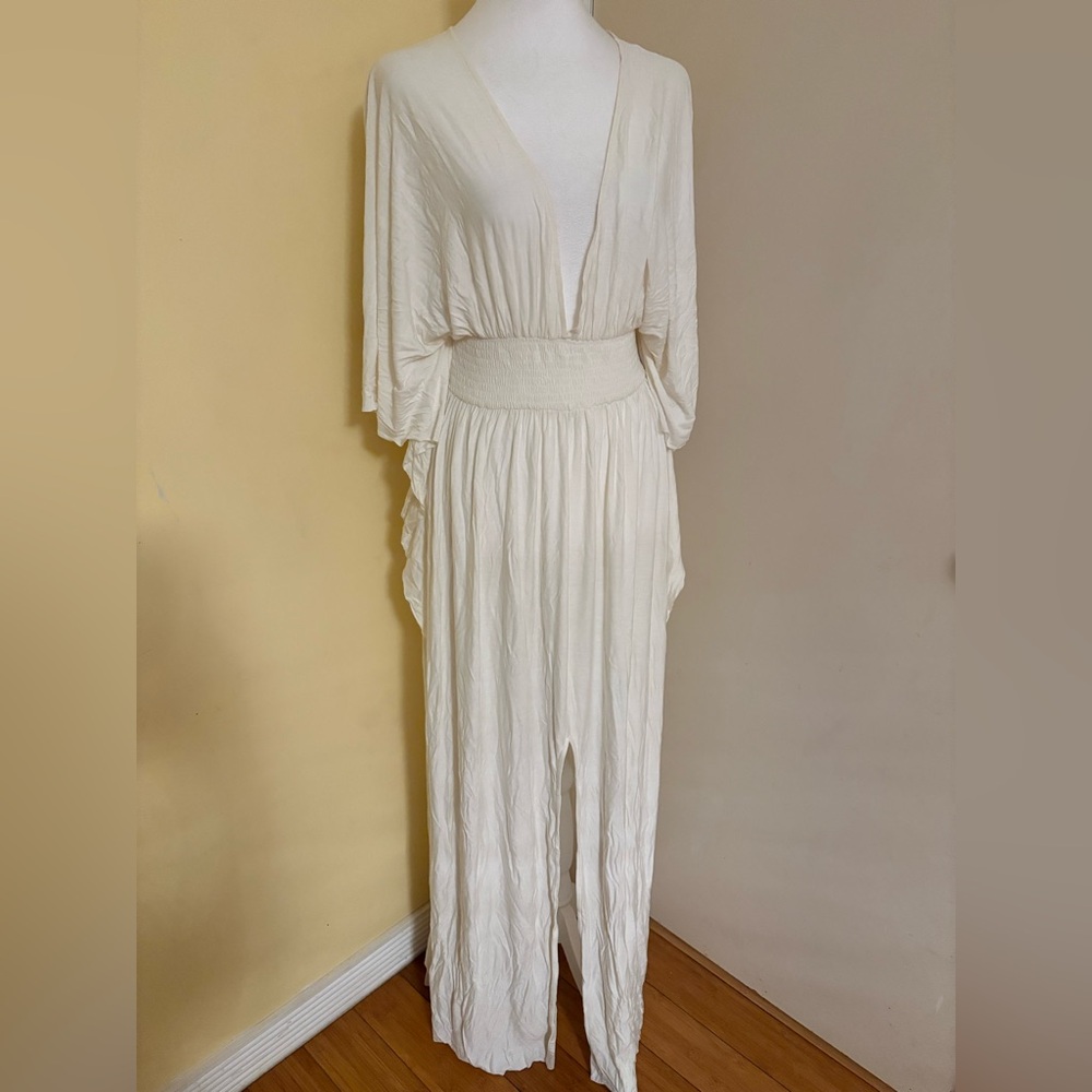 T-Bags Cream Maxi Dress Drape Sleeve Open-Back Large NWT